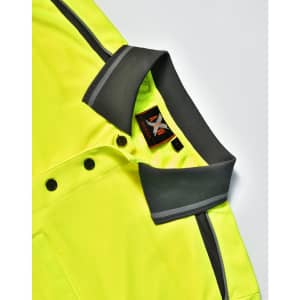 A bright yellow polo shirt featuring a grey collar and stripe detailing, with a branding label visible.