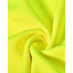 A close-up of bright yellow fabric, featuring a textured pattern, ideal for polo shirts, with a logo visible.