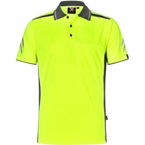 A bright yellow polo shirt with grey accents and a chest pocket, featuring a logo on the collar.