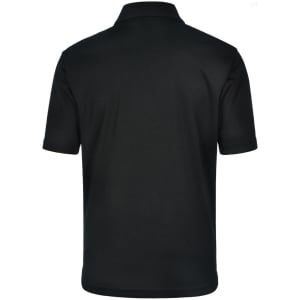 A black men's polo shirt featuring a collar and short sleeves, with a logo on the side.