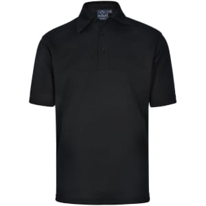 A black polo shirt featuring a collar and three buttons, displaying a logo on the chest.