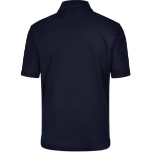 A plain navy blue men's polo shirt featuring a collar and short sleeves, with a logo on the back.