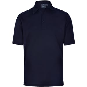 A dark navy men's polo shirt with a collar and short sleeves, featuring buttons and a logo.