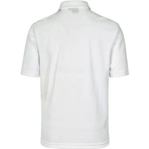 A white men's polo shirt with a classic collar and short sleeves, featuring a logo on the back.