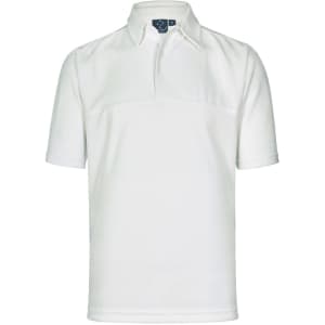 A white polo shirt with a classic collar and short sleeves, featuring a branded logo.