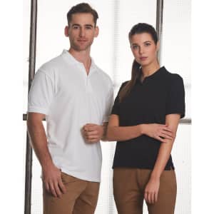 A black polo shirt on a woman and a white polo shirt on a man, both with a logo.