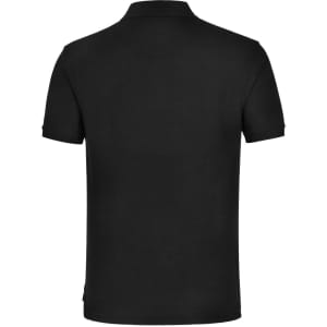 A black polo shirt featuring a classic collar and short sleeves, with a branding logo on the side.