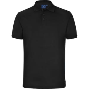 A black polo shirt with a collared neck and buttoned placket, featuring a small logo on the upper side.