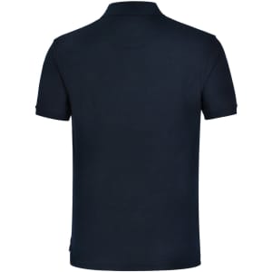 A dark blue men's polo shirt with a classic collar and short sleeves, featuring a logo on the side.