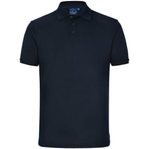 A navy polo shirt with a collar, short sleeves, and a logo on the chest.