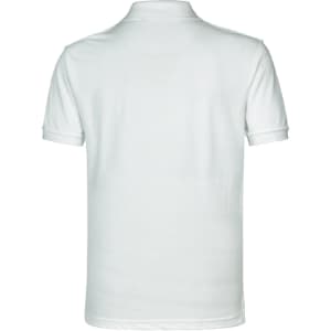 A white men's polo shirt featuring short sleeves and a collar, with a logo on the back.