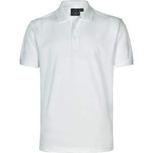 A white polo shirt with a collar and short sleeves, featuring a logo on the neckline.