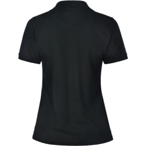 A black ladies' polo shirt featuring a classic collar and short sleeves. The back view showcases a smooth design and fitted silhouette.