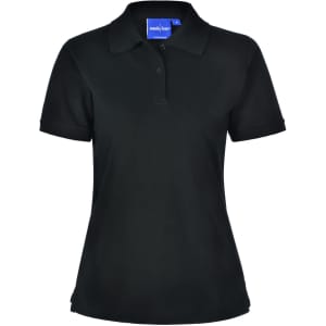 A ladies' black polo shirt featuring a classic collar and short sleeves, with a logo on the neck.