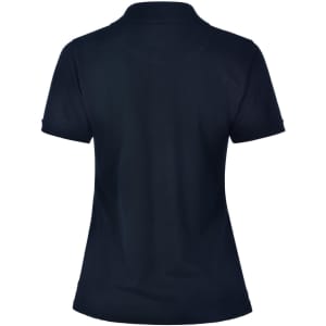 A navy blue ladies’ polo shirt with a classic collar and short sleeves, featuring a logo on the back.
