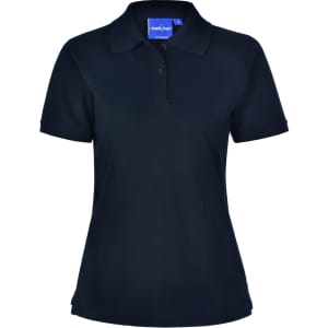A black ladies' polo shirt with a classic collar and short sleeves, featuring a branded label.