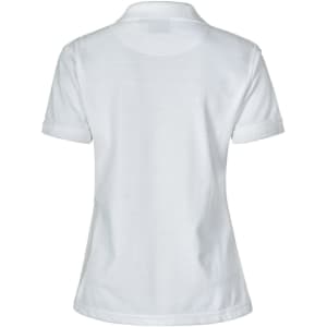A white ladies' polo shirt featuring a short design and rolled sleeves, with a logo on the back.