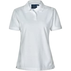 A white ladies' polo shirt with a collar and short sleeves, featuring a logo on the chest.