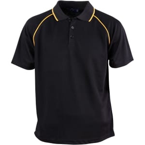 A black children's polo shirt with yellow piping and a collar, featuring buttons and a logo.