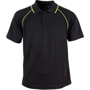 A black polo shirt with green accents, featuring a collar and three buttons. It has a logo on the front.