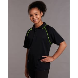 A black polo shirt with green accents, featuring a collar and short sleeves, displayed by a smiling child.