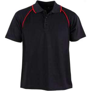 A black polo shirt with red accents and a collar, featuring a logo on the chest.