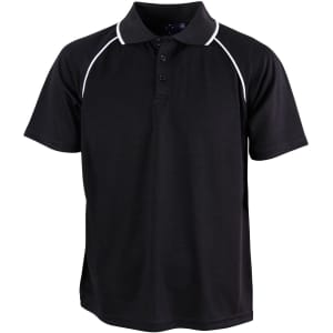 A black polo shirt with white piping and a collar, featuring a logo on the chest.