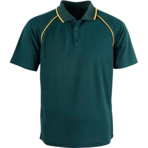 A green kid's polo shirt featuring yellow piping and a classic collar. The shirt includes a logo on the chest.