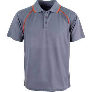 A grey polo shirt with orange accents, featuring a collared neckline and three buttons. It has a logo.