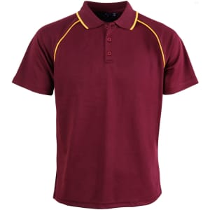 A maroon polo shirt with yellow accent detailing and a branding logo on the front.