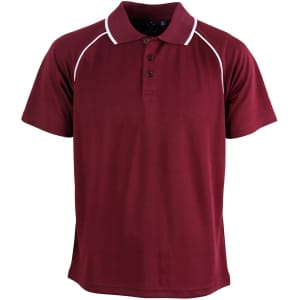 A maroon kid's polo shirt with white piping and a logo on the chest. It features a collar and buttons.