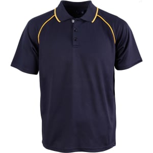 A navy polo shirt with yellow accents and a three-button placket. It features a logo on the chest.