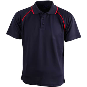 A navy blue polo shirt with red piping and a logo on the chest. Short sleeves and a classic collar design.