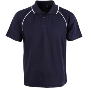A black polo shirt with white accents and a three-button collar. It features a logo on the chest.