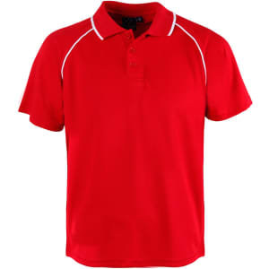 A red polo shirt with a collar, featuring white accents and a logo on the chest.