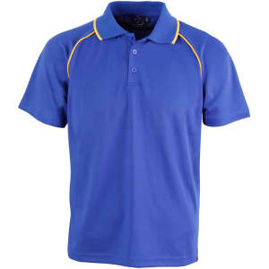 A blue polo shirt with yellow accents and a logo on the front. Short sleeves and a collared design.