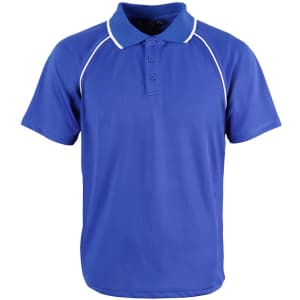 A blue polo shirt featuring white piping and a three-button placket, with a logo on the chest.