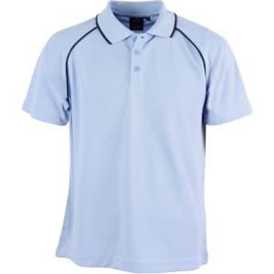 A light blue polo shirt featuring contrasting trim, with a collar and short sleeves. It has a logo on the chest.