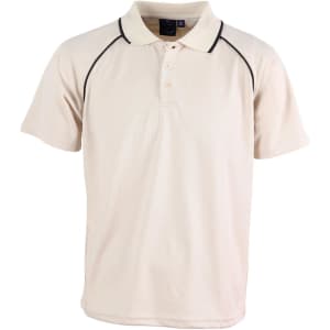 A light beige polo shirt with black piping, featuring a collar and buttons, has a logo on the front.