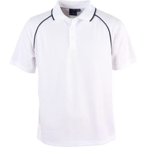 A white polo shirt with black piping and a collar. It features a logo on the upper left side.