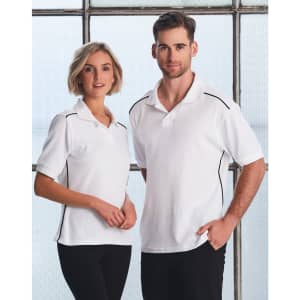 A white polo shirt with contrasting black accents, displayed on a male and female model. The shirt features a logo.