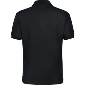 A black men's pure cotton polo shirt featuring contrast piping and a logo. Back view of the shirt displayed.