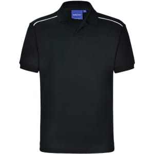 A black men's polo shirt with a collar and white accent stripes, featuring a logo.