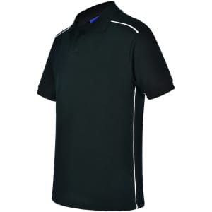 A black men's polo shirt featuring white piping and a collar, with branding visible.