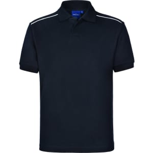 A navy blue polo shirt featuring a classic collar and white piping on the shoulders. Includes branding on the tag.