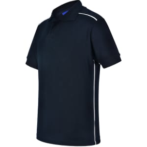 Men's Cambridge Polo in navy with white trim, featuring a collar and short sleeves. Includes a logo.