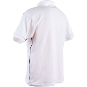 A white men's polo shirt with contrasting black piping and branding on the back.