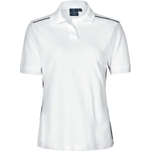 A white polo shirt with short sleeves, featuring a logo and contrasting black side panels.