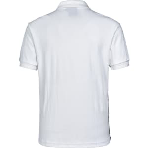A white men's polo shirt featuring a logo, with a classic collar and short sleeves.
