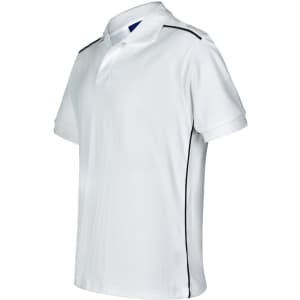 A white men's polo shirt with black side piping and a collar. It features a logo on the chest.